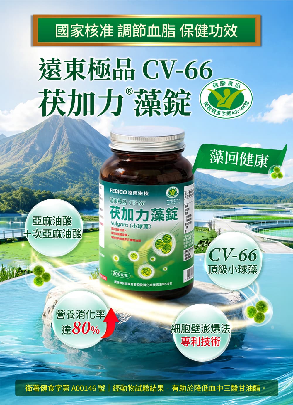 遠東極品CV-66茯加力®藻錠(小球藻) 900錠/瓶 介紹圖 1